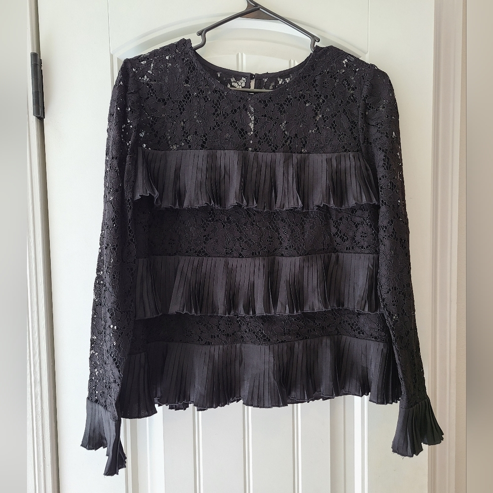 J. CREW 3 Tiered Black Lace Long Sleeve Ruffle Blouse size 4